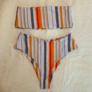 Orange Gray Stripe Retro Bathing Suit High Waisted Bandeau Swimsuit
